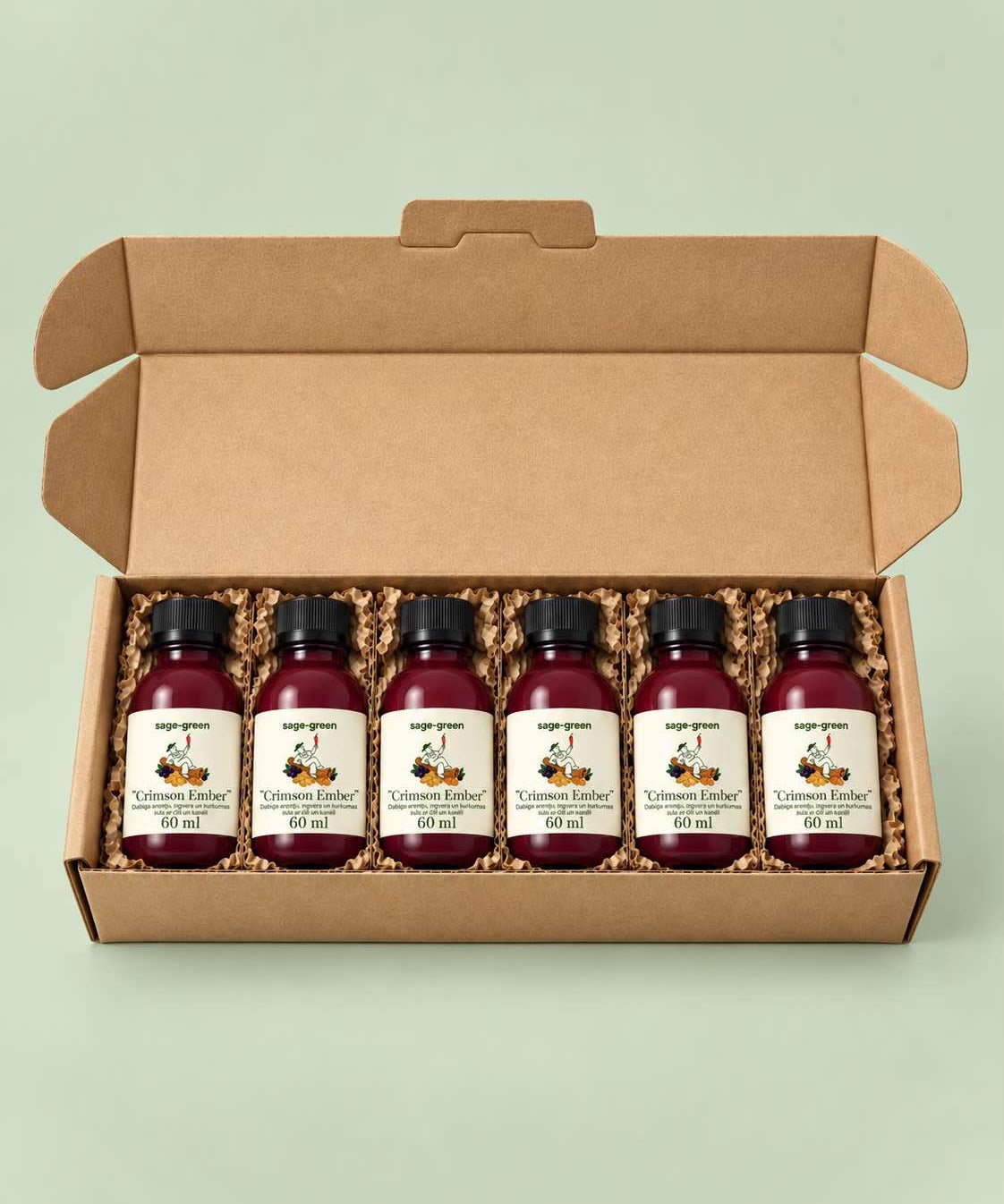 An open kraft cardboard gift box containing five small dark glass bottles with white labels reading 'Vigorous Herbal' and '500 mg'. The bottles are arranged in brown crinkle paper packing on a pale mint green background.