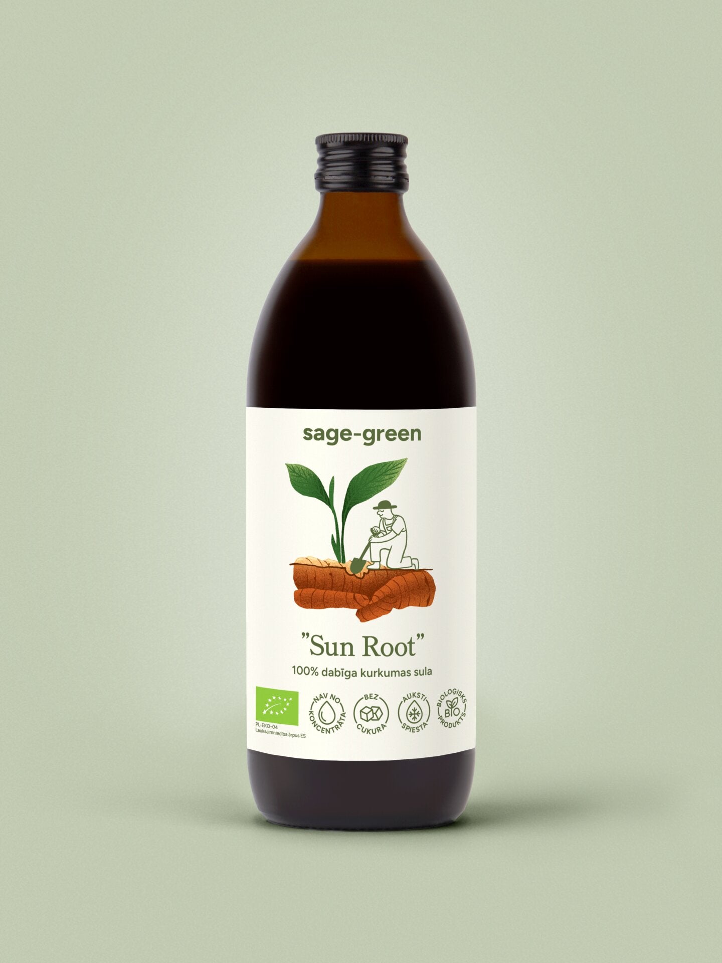 Sun Root – 100 % bioloģiskā kurkumas sula 500 ml pudelē, auksti spiesta, bez piedevām