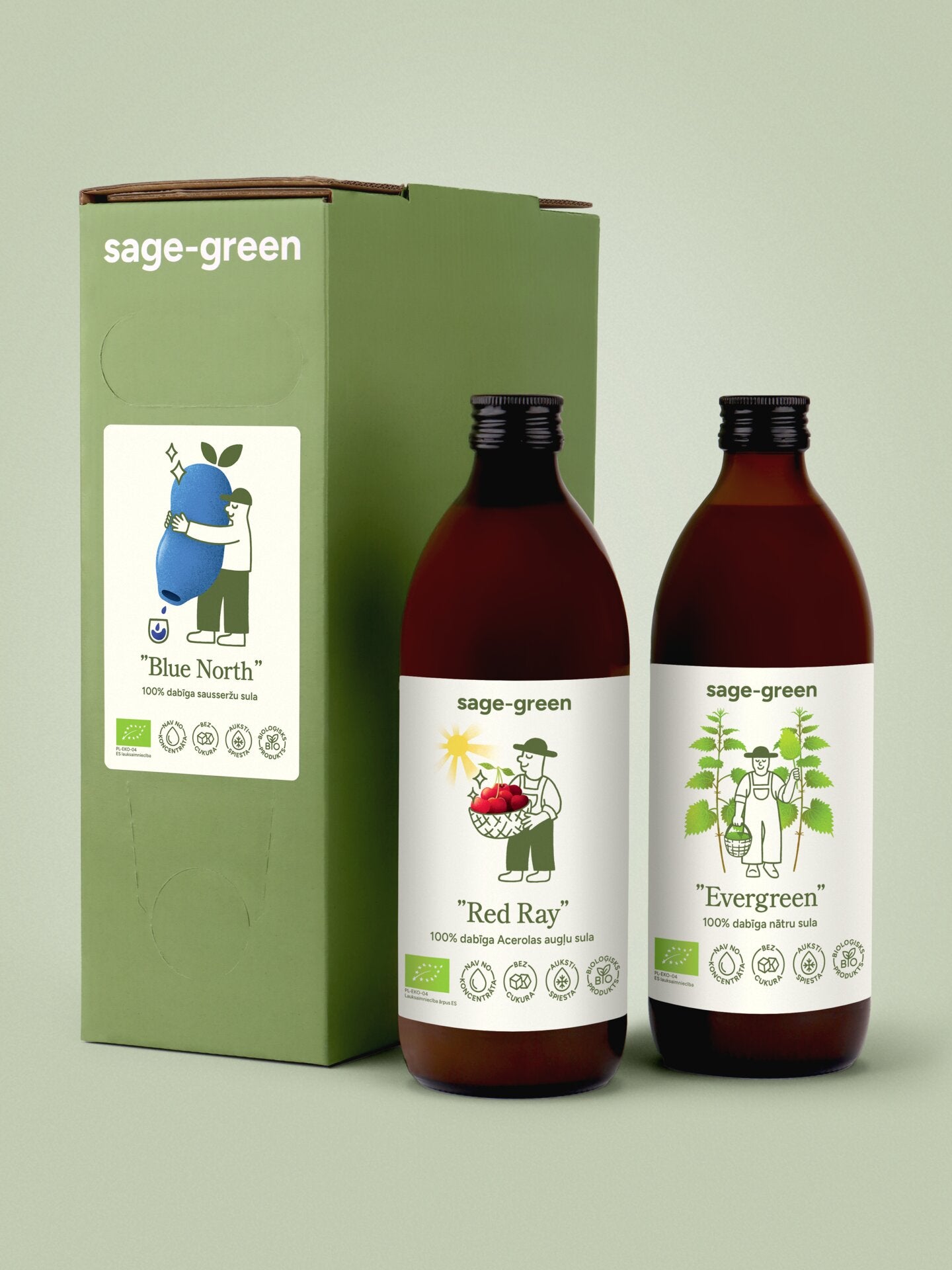 Komplekts matu un ādas skaistumam — 3 L sausseržu sula, 500 ml acerolas sula un 500 ml nātru sula pudelēs uz gaiša fona